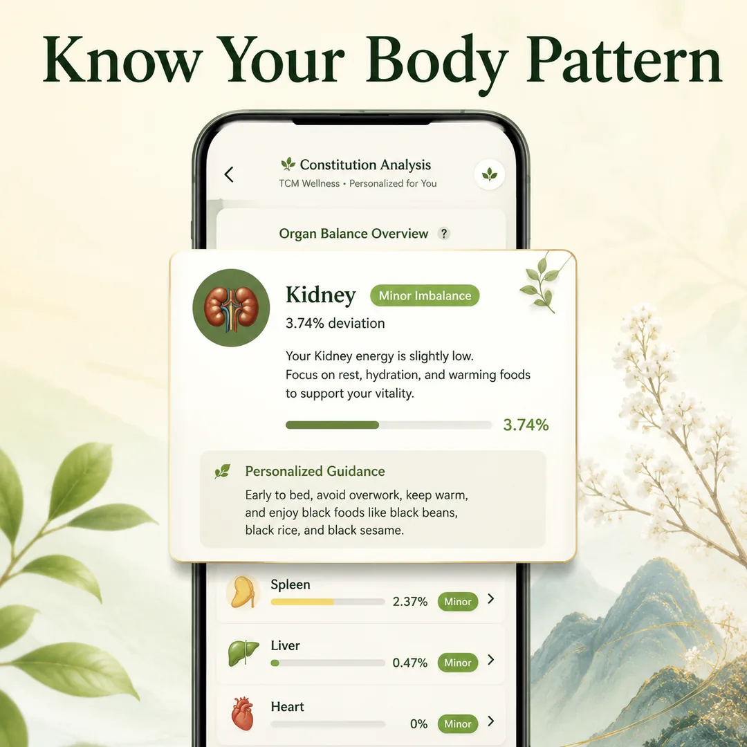 Square constitution creative showing CureQi translating body-pattern analysis into practical constitution guidance