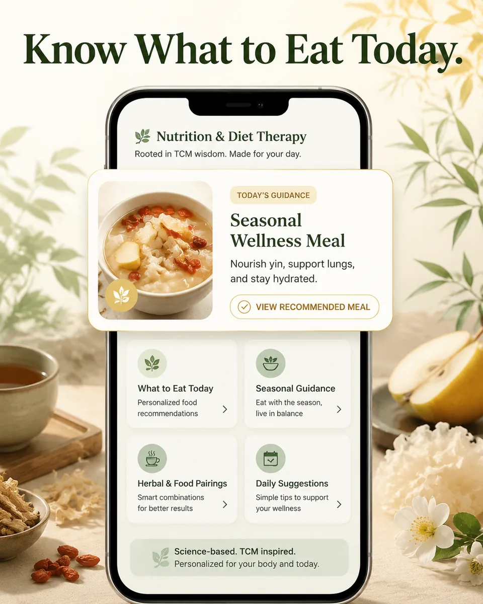 Portrait nutrition creative showing CureQi offering a seasonal wellness meal and practical diet guidance